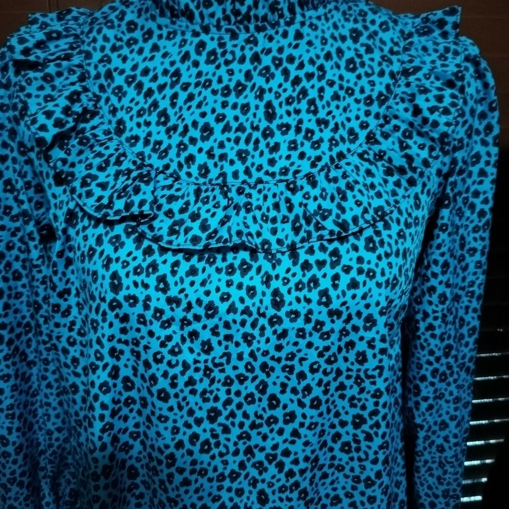 2461) New Look Blue Leopard Print Frill Smock Dress Size 10